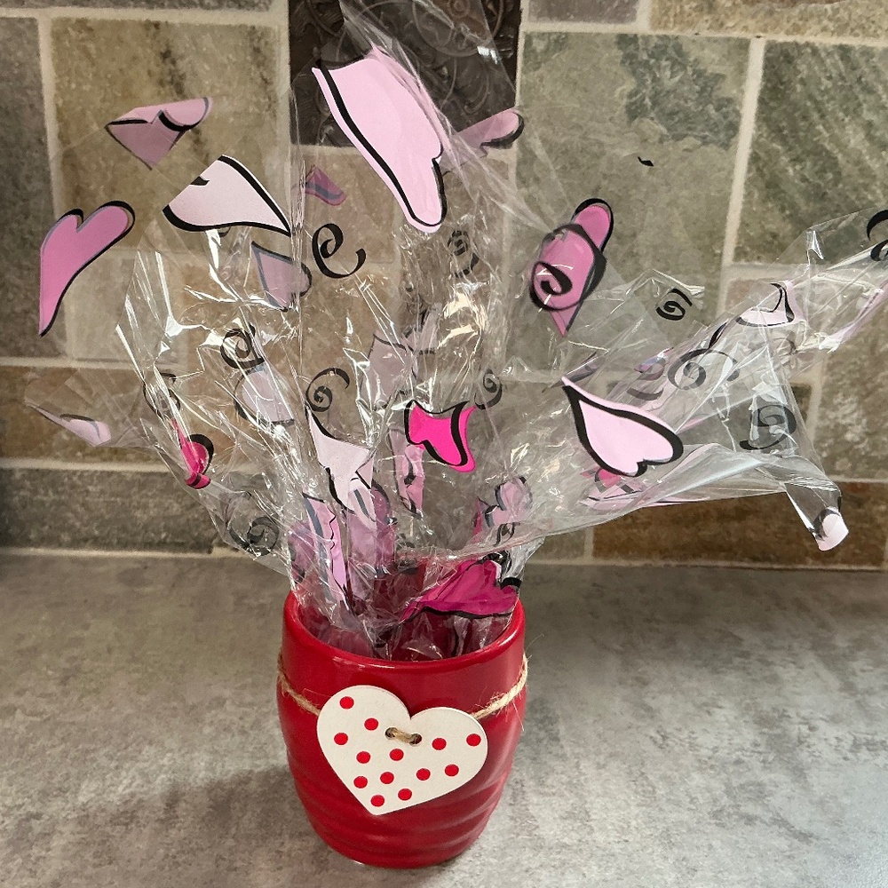 Red Ceramic Cup With Wooden Decorated Heart & Cellophane Wrap With Hearts